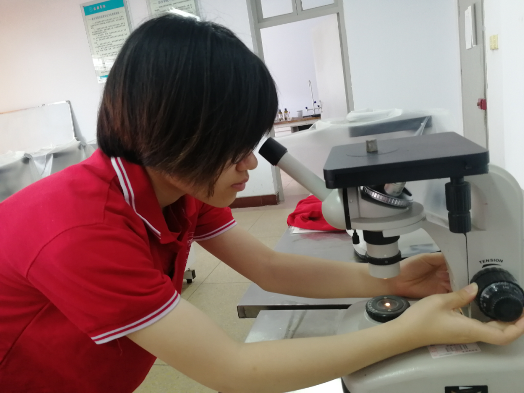 实践队员赵纹在显微镜下观察自己制作的试样.png
