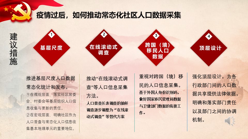 推进常态化社区人口数据采集的以下建议。第一，推进基层尺度人口数据常态化统计和发布；第二，推动“在线滚动式调查”等人口信息采集方法；第三，重视对跨国跨境移民的人口信息采集；第四，强化顶层设计，为各行政部门间的人口数据共享提供法律依据，明确和落实部门责任以及部门之间的协调机制。