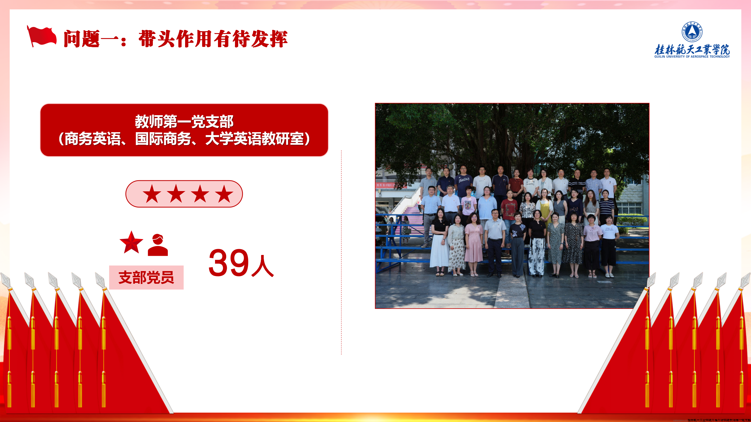 问题一、我支部党员来自三个不同的教研室，知识圈层急待重构整合。战斗力也有待进一步发挥。